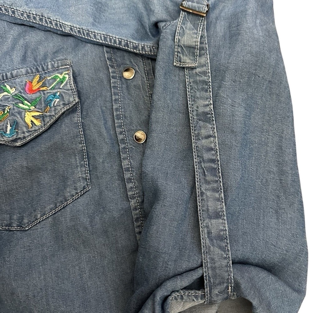 The Kooples Jeans Shirt Women S Blue Embroidered Bird Lyocell Snap Front Western - Picture 6 of 15